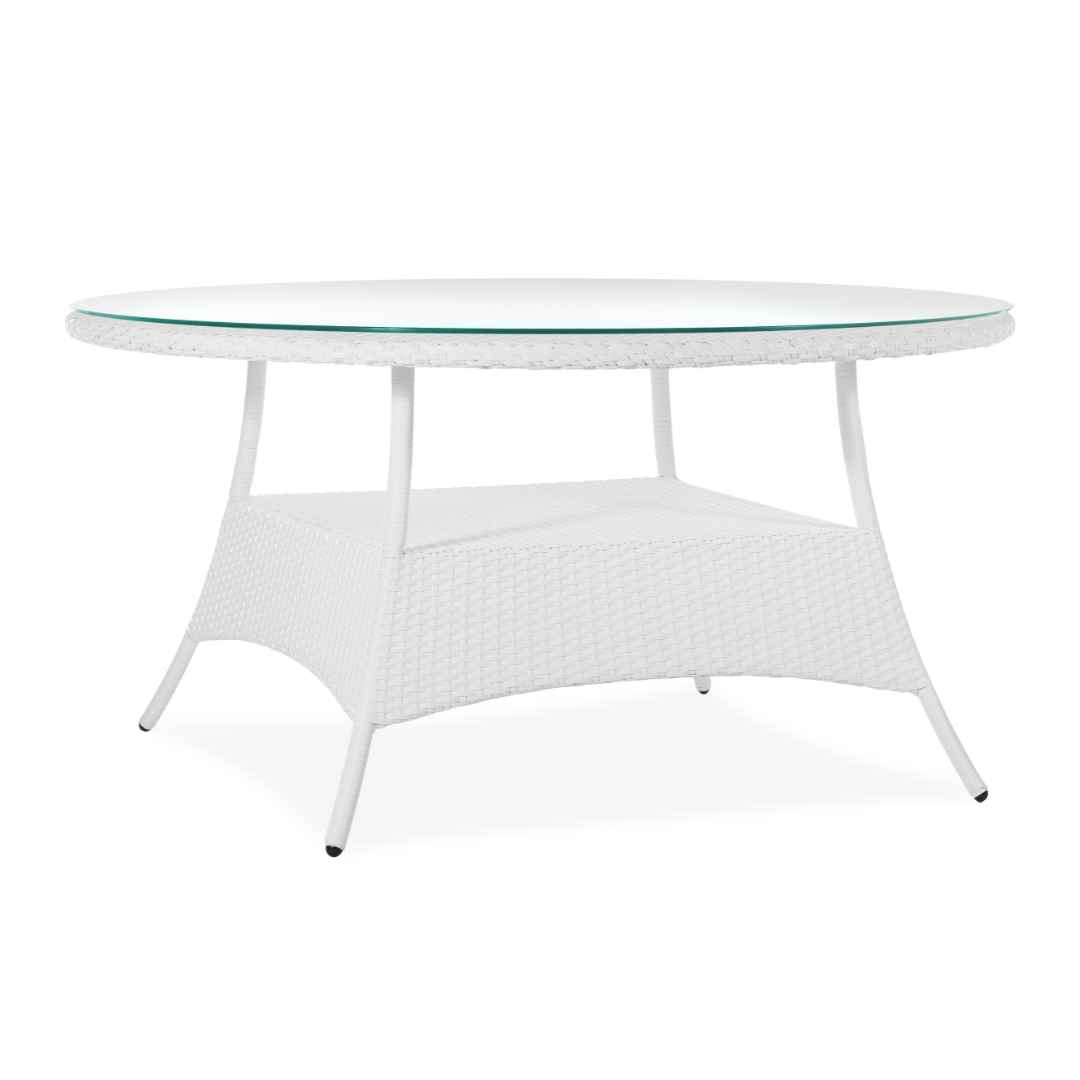 Ratanový stůl BALINA Terico, bílý, oválná skleněná deska, konstrukce a výplet z umělého ratanu, zahradní stůl na terasu.