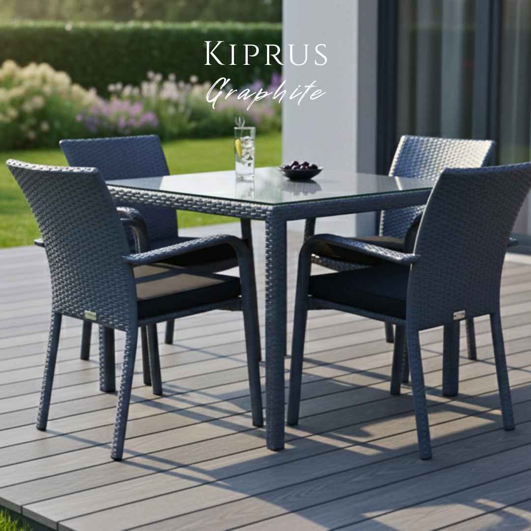 Grafitová jídelní zahradní sestava KIPRUS s ratanovým stolem a čtyřmi křesly na moderní terase