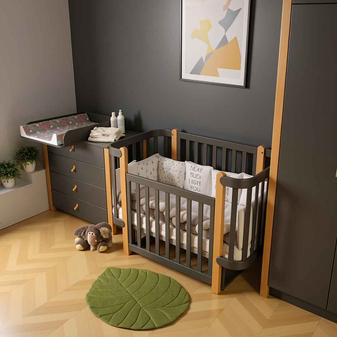 Dětská postýlka Zukko Gekko Kids 120x60. Tmavě šedá / Přírodní buk