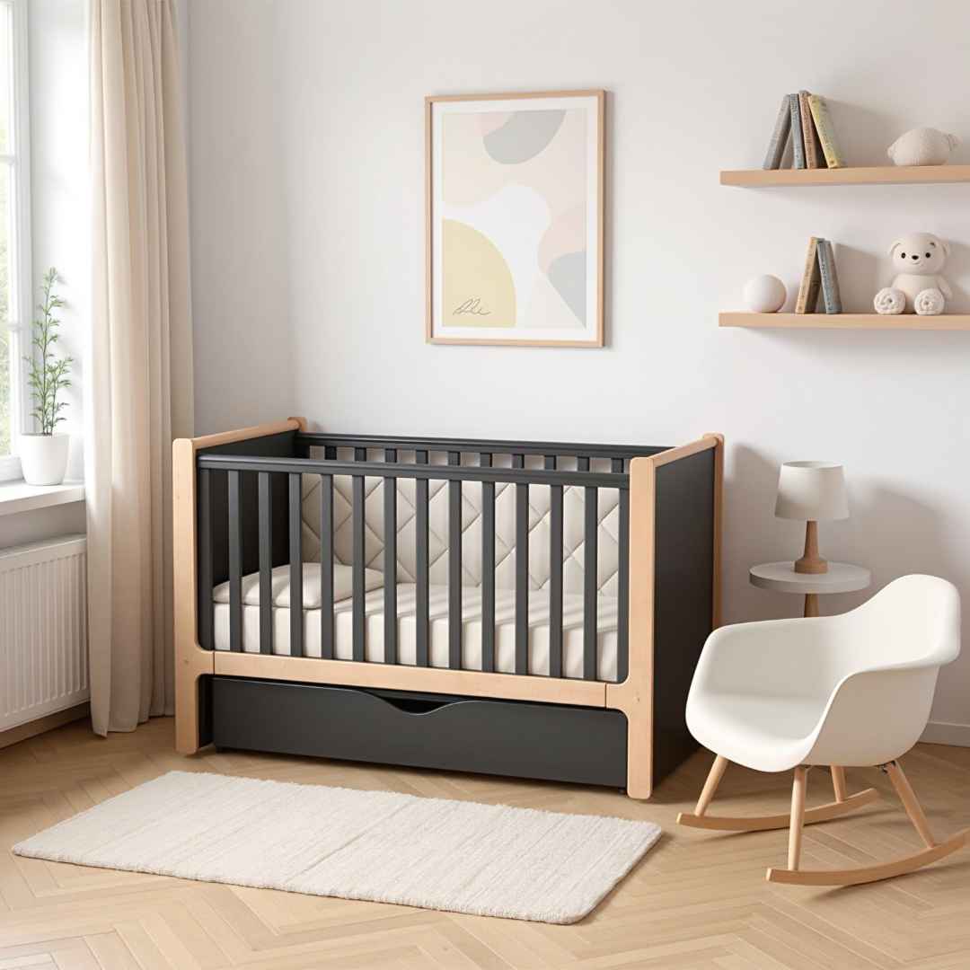 Dětská postýlka Markito Gekko Kids 120x60. Tmavě šedá / Přírodní buk