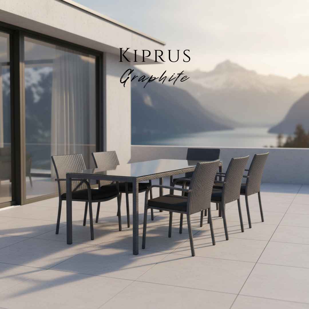 Jídelní souprava z umělého ratanu KIPRUS. Skládá se ze 6 židlí a stolu. Grafitová barva
