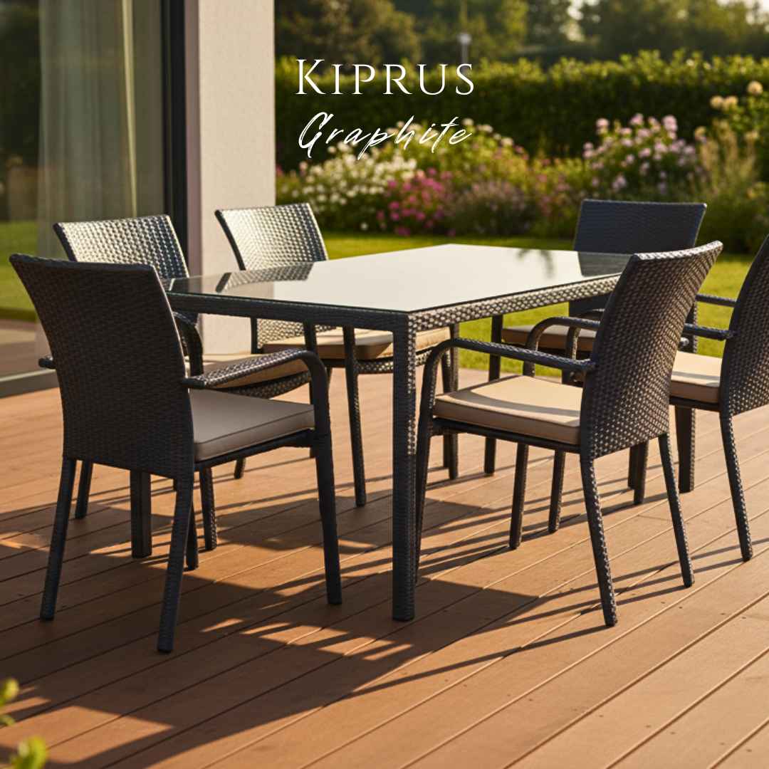 Jídelní souprava z umělého ratanu KIPRUS. Skládá se ze 6 židlí a stolu. Grafitová barva