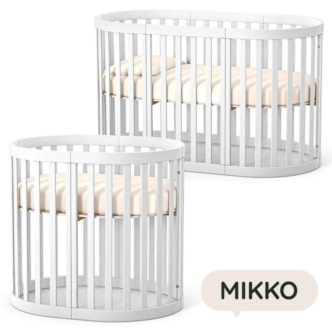 Oválná rostoucí dětská postýlka Mikko Gekko Kids 140x70. Maximální komplet s matrací. Bílá.