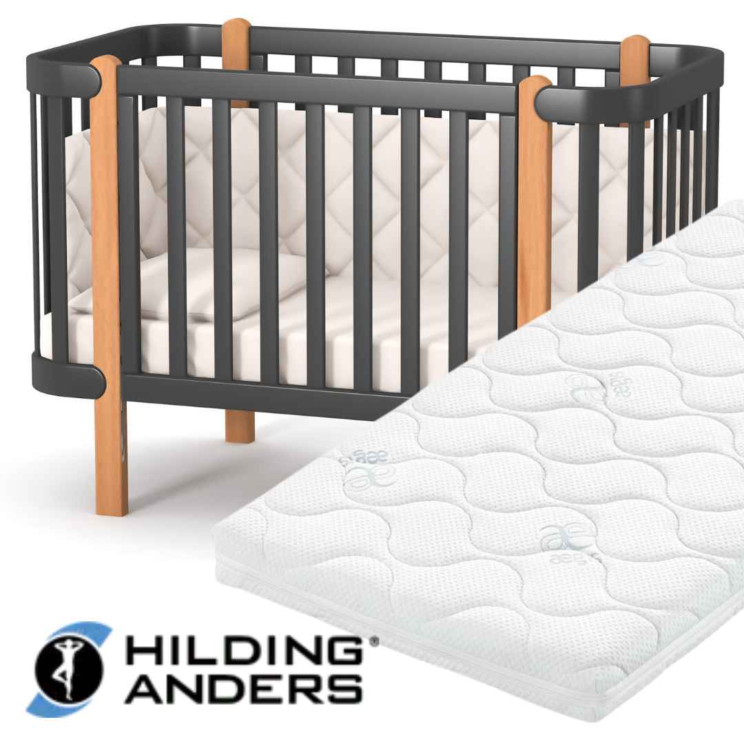 Sada. Dětská postýlka Zukko 120x60 s kvalitní matrací Hilding Anders. Tmavě šedá / Přírodní buk