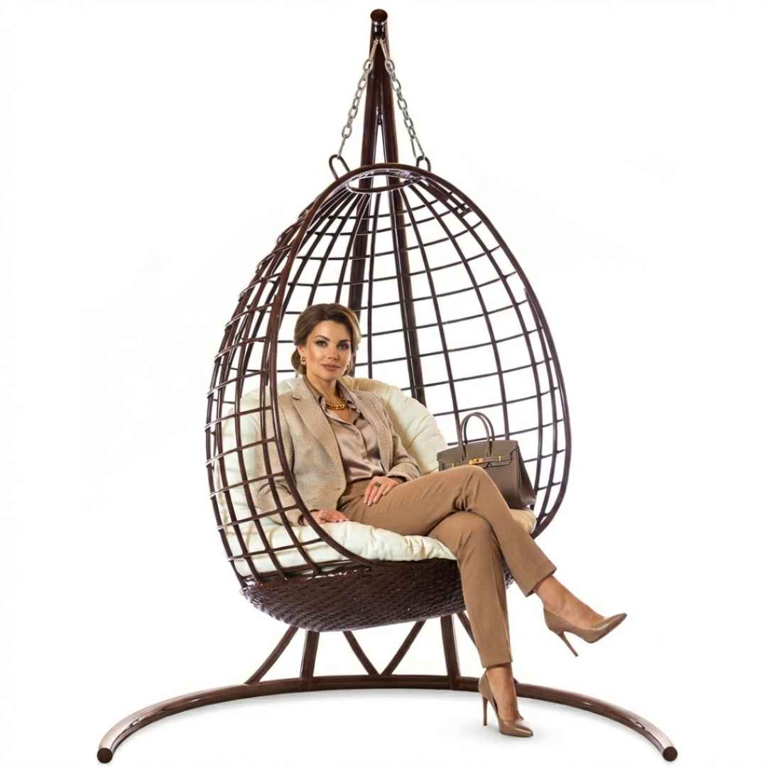 Designové závěsné křeslo se stojanem LISA Terico — velké houpací křeslo ve tvaru vajíčka. Hnědé