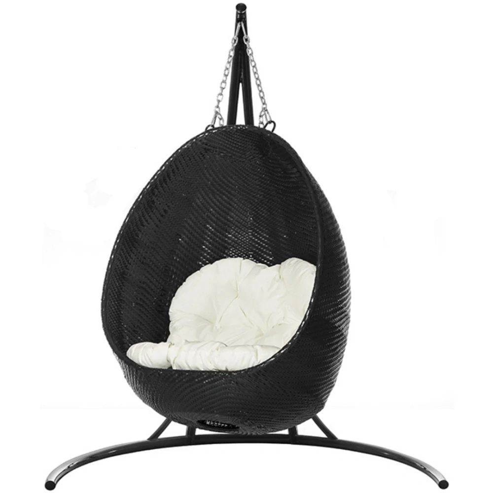 Luxusní závěsné křeslo se stojanem FIDJI Terico — velké houpací křeslo ve tvaru vajíčka. Černé