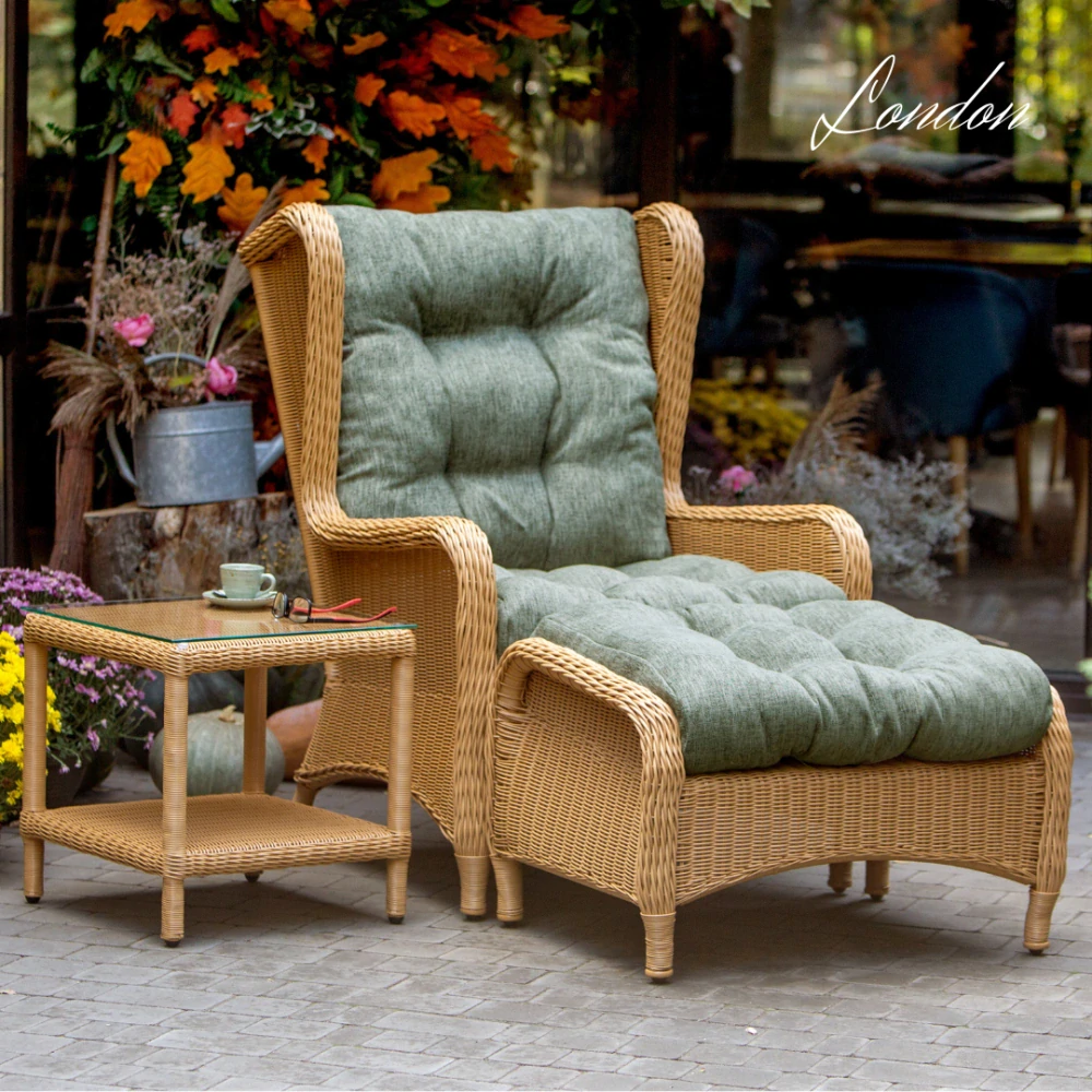 Velké zahradní křeslo z umělého ratanu LONDON Terico. Zelenošedé polštáře a matrace. 
